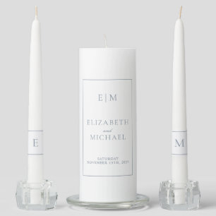 Modern Monogram Blue Script Typography Wedding Unity Candle Set