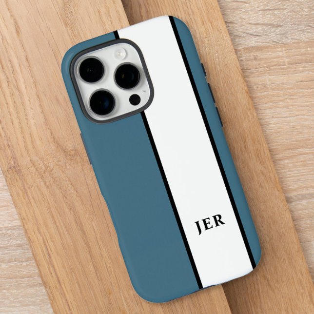 Modern Monogram | Blue Stripe iPhone 16 Case (Modern Minimalist Stripes Monogram Initials Blue Case-Mate iPhone Case)