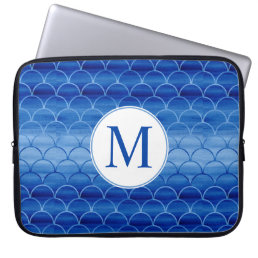 Modern Monogram Blue Watercolor Geometric Pattern Laptop Sleeve