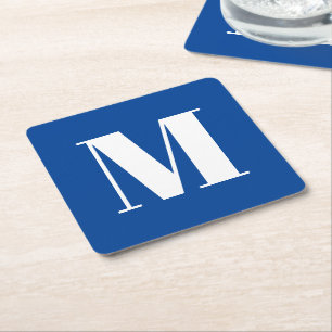 Modern monogram blue white custom initial letter square paper coaster