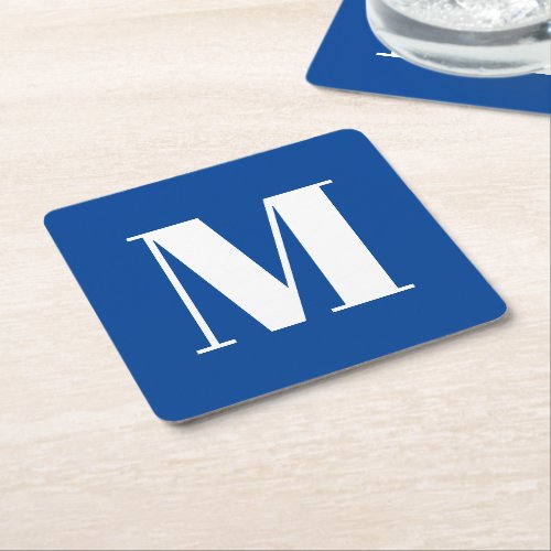 Modern monogram blue white custom initial letter  square paper coaster