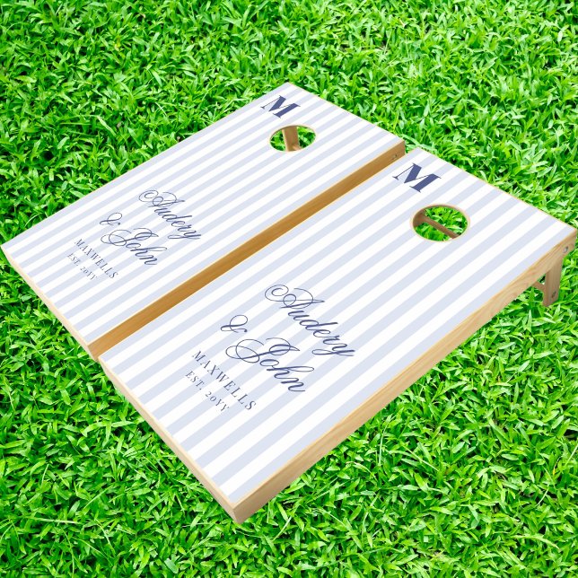 Modern Monogram  Blue White Stripes Script Wedding Cornhole Set (Creator Uploaded)