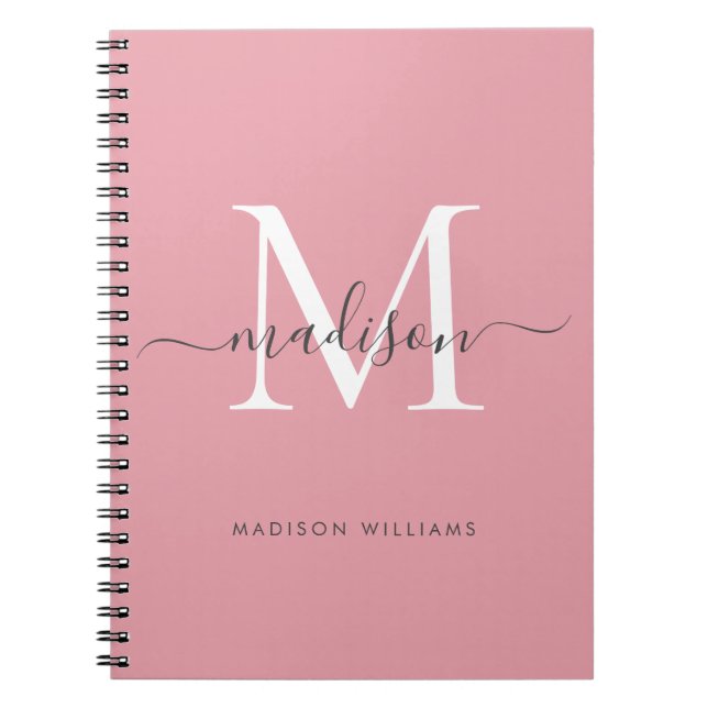 Modern Monogram Blush Pink Blush Gray Script Name Notebook (Front)
