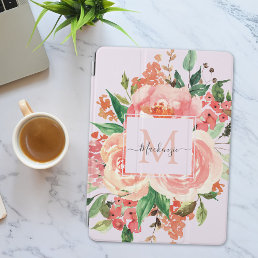 Modern Monogram Blush Pink Floral Bouquet iPad Air Cover