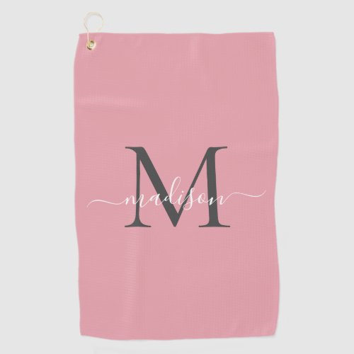 Modern Monogram Blush Pink Gray Girly Chic Script Golf Towel