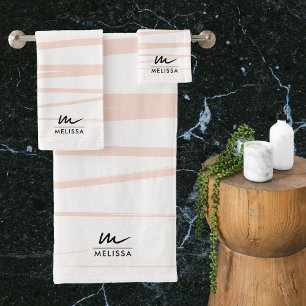 Modern Monogram Blush Pink Lines Abstract Art Bath Towel Set