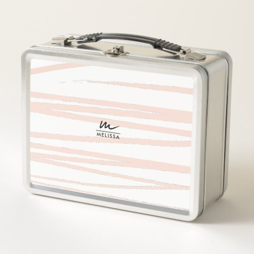 Modern Monogram Blush Pink Lines Abstract Art  Metal Lunch Box