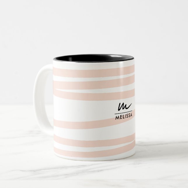 Modern Monogram Blush Pink Lines Abstract Art  Two-Tone Coffee Mug (Front Left)