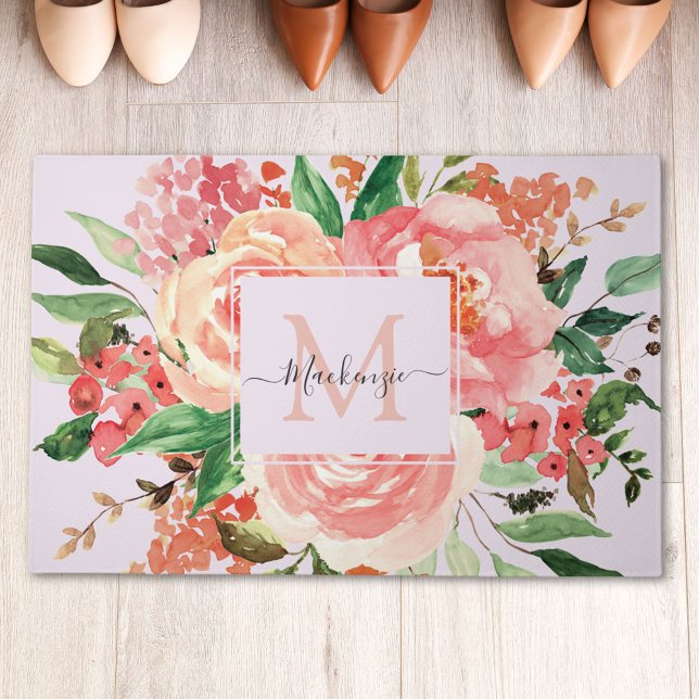 Modern Monogram Blush Pink Spring Flower Floral Doormat (In situ)