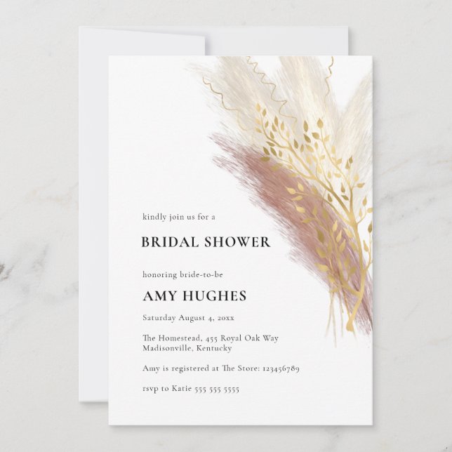 Modern Monogram Boho Pink Gold Pampas Grass Invitation (Front)