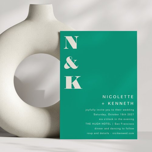 Modern Monogram Bold Emerald Green Chic Wedding Invitation