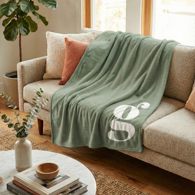 Modern Monogram Bold Initial Sage Green Minimalist Fleece Blanket (Creator Uploaded)
