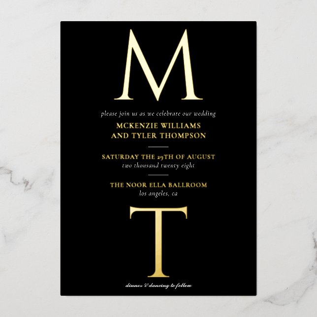 Modern Monogram Bold Initials Black & Gold Foil Invitation (Front)