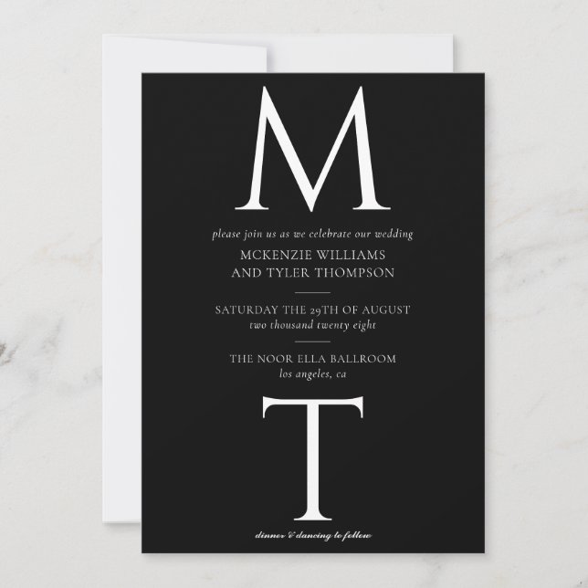 Modern Monogram Bold Initials Black Wedding Invite (Front)