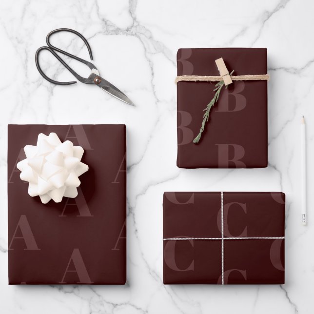 Modern monogram bordeaux monochromatic pattern wrapping paper sheets (Front)
