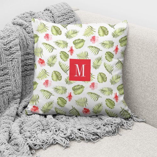 Modern Monogram Botanical Palm Leaves Throw Pillow