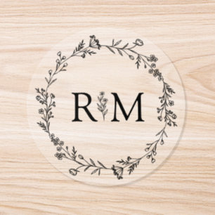 modern monogram botanical wedding clear classic round sticker