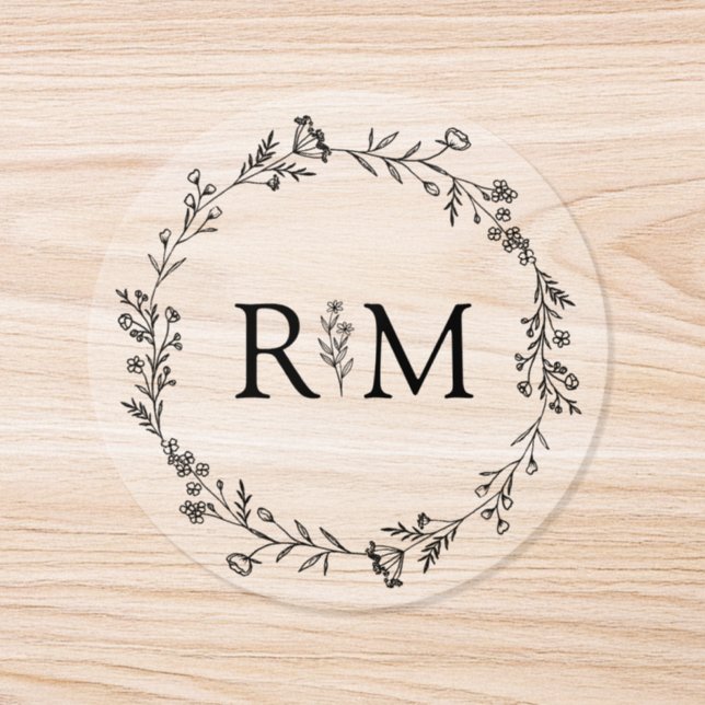 modern monogram botanical wedding clear classic round sticker (Single)