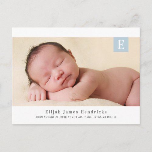 Modern Monogram Boys Birth Announcement Postcard