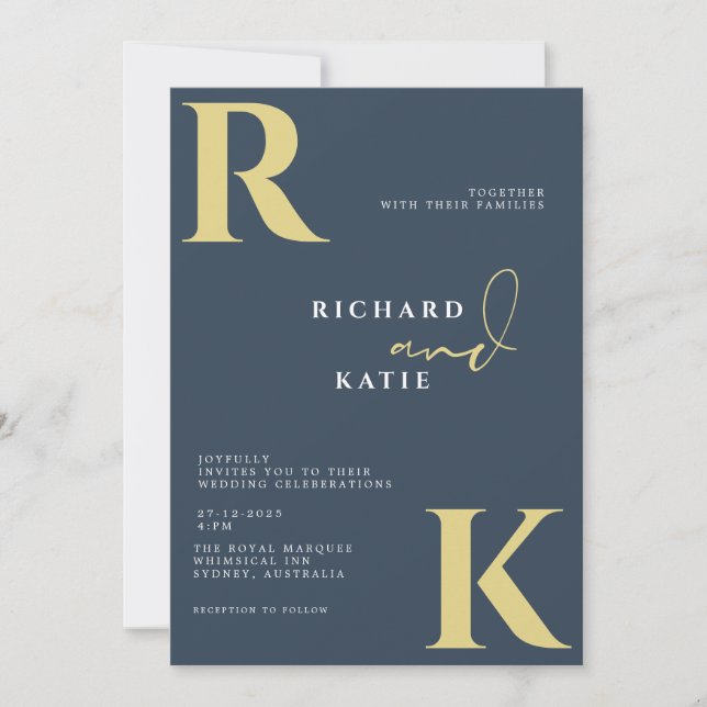 Modern Monogram Bright Bold Navy Blue Photo Invitation (Front)
