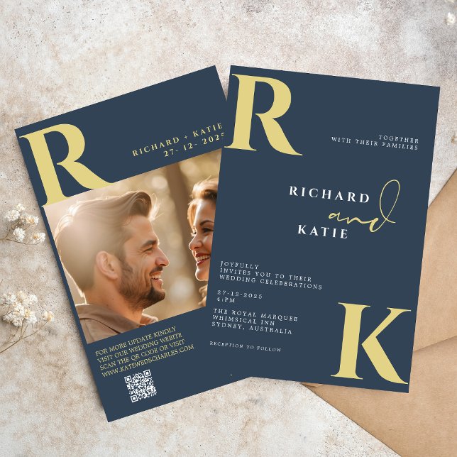 Modern Monogram Bright Bold Navy Blue Photo Invitation (Creator Uploaded)