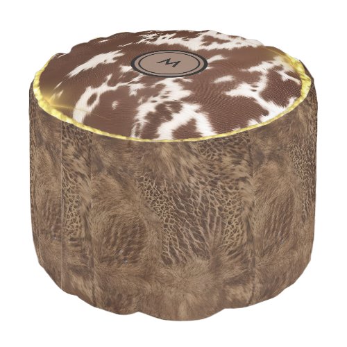 Modern Monogram Brown Cow Hide Pouf