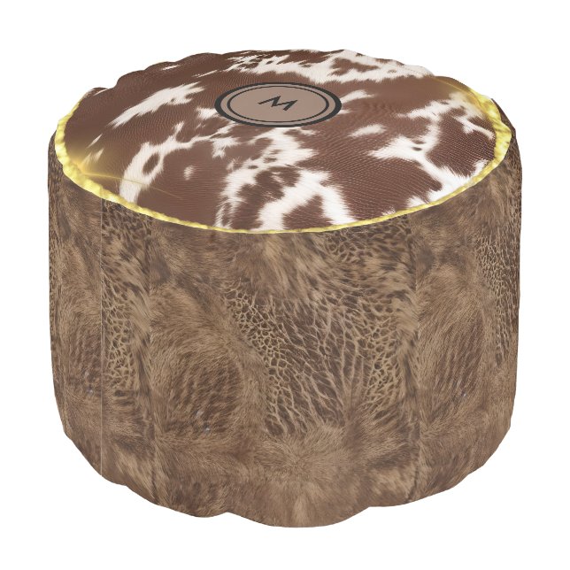 Modern Monogram Brown Cow Hide Pouf (Angled Back)