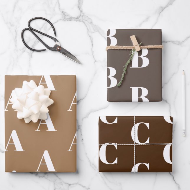 Modern monogram brown tan custom initial pattern wrapping paper sheets (Front)