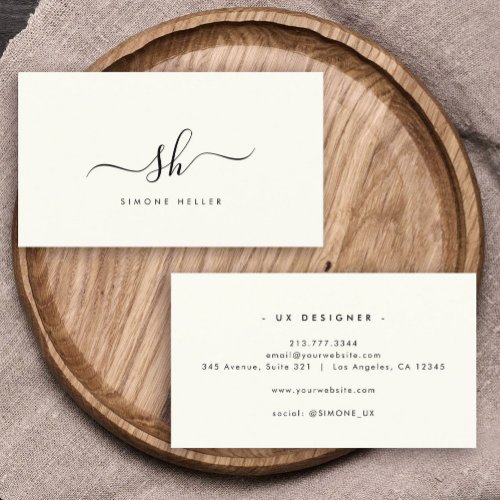 Modern Monogram Brush Script Black Ivory Simple Business Card