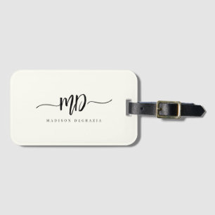 Modern Monogram Brush Script Black Ivory Stylish Luggage Tag