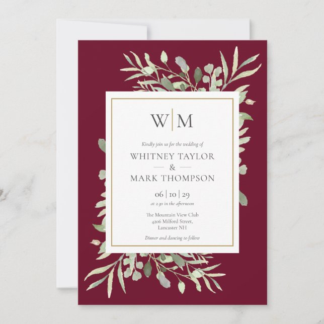 Modern Monogram Burgundy Greenery Wedding Invitation (Front)