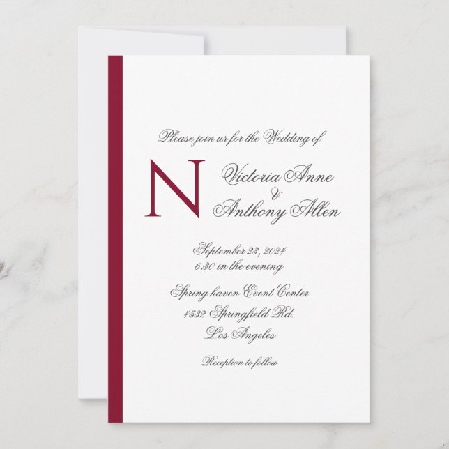 Modern Monogram Burgundy Simple Budget Wedding  Invitation (Front)