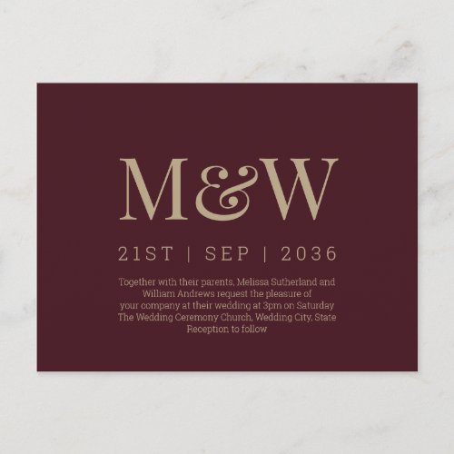 Modern Monogram Burgundy Wedding Invitation Postcard