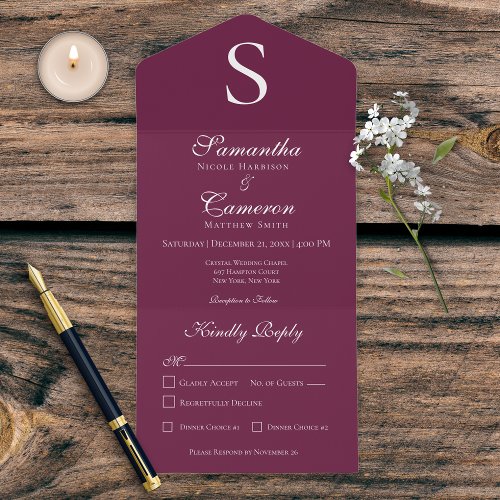 Modern Monogram Burgundy Wine Dinner All In One Invitation