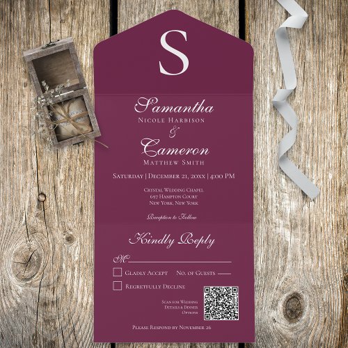 Modern Monogram Burgundy Wine QR Code All In One Invitation