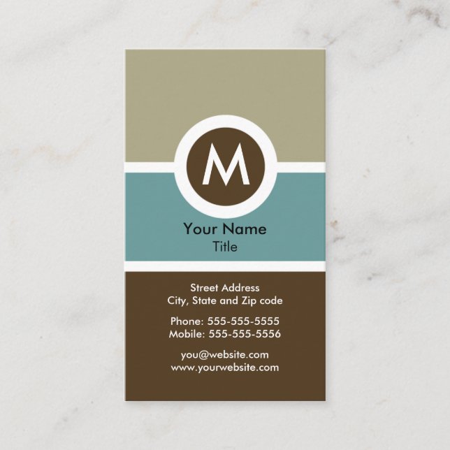 Modern Monogram Business Card - Blue/Brown (Front)