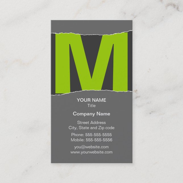 Modern Monogram Business Card - Green/Gray (Front)