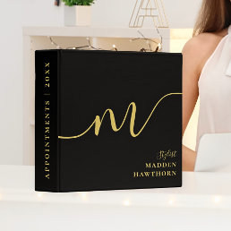 Modern Monogram Calligraphy Black Gold Appointment 3 Ring Binder