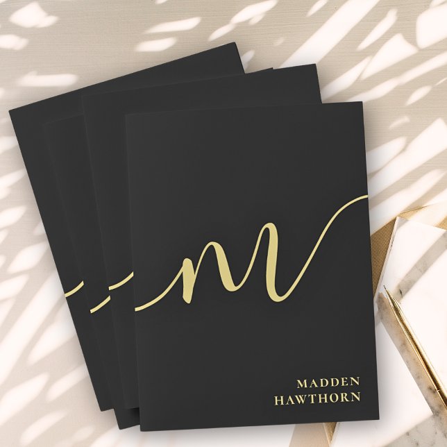 Modern Monogram Calligraphy Black Gold Pocket Folder (Creator Uploaded)