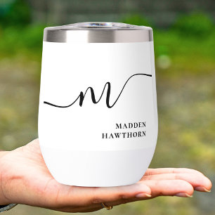 Modern Monogram Calligraphy Black White Bridesmaid Thermal Wine Tumbler