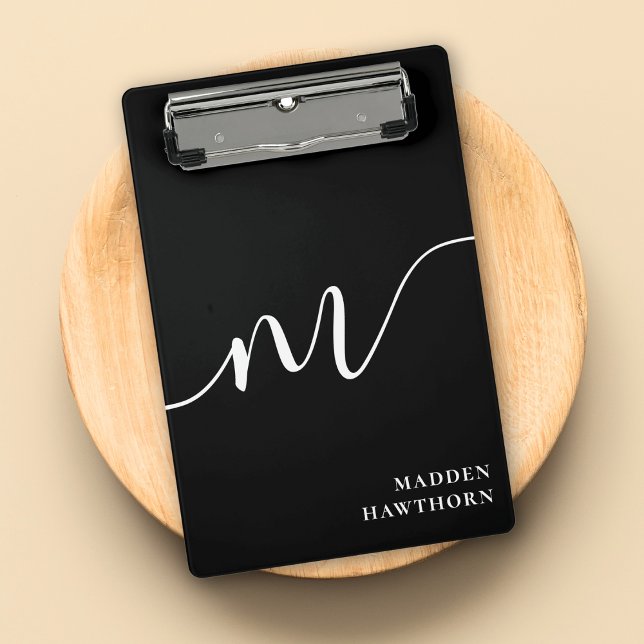 Modern Monogram Calligraphy Black White Mini Clipboard (Creator Uploaded)