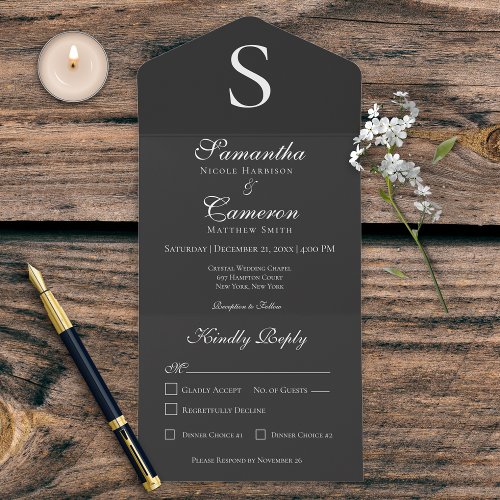 Modern Monogram Charcoal Black Dinner All In One Invitation