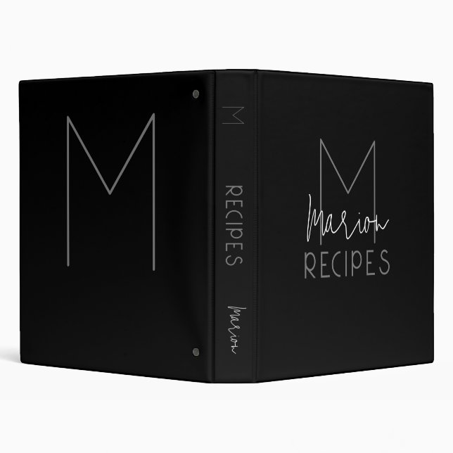 Modern Monogram Chef Recipes BLACK 3 Ring Binder (Background)