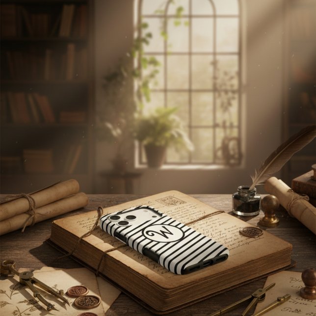 Modern Monogram Chic Black & White Diagonal Stripe Case-Mate iPhone Case (Creator Uploaded)