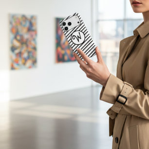 Modern Monogram Chic Black & White Diagonal Stripe iPhone 17 Pro Max Case