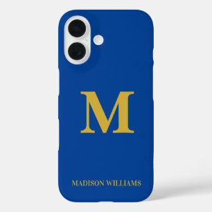 Modern Monogram Chic Blue Gold Stylish Minimalist iPhone 16 Case