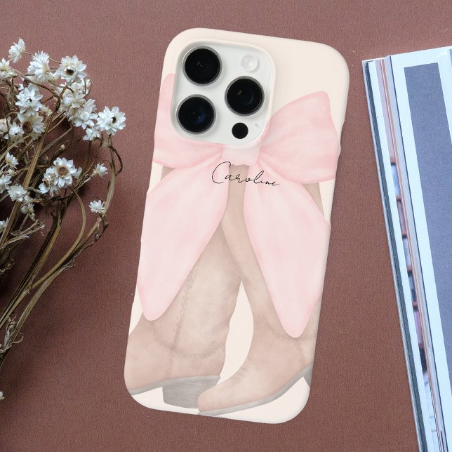 Modern Monogram Chic Cowboy Boots Pink Bow Case-Mate iPhone Case (Creator Uploaded)