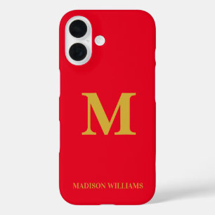 Modern Monogram Chic Red Gold Stylish Minimalist iPhone 16 Case