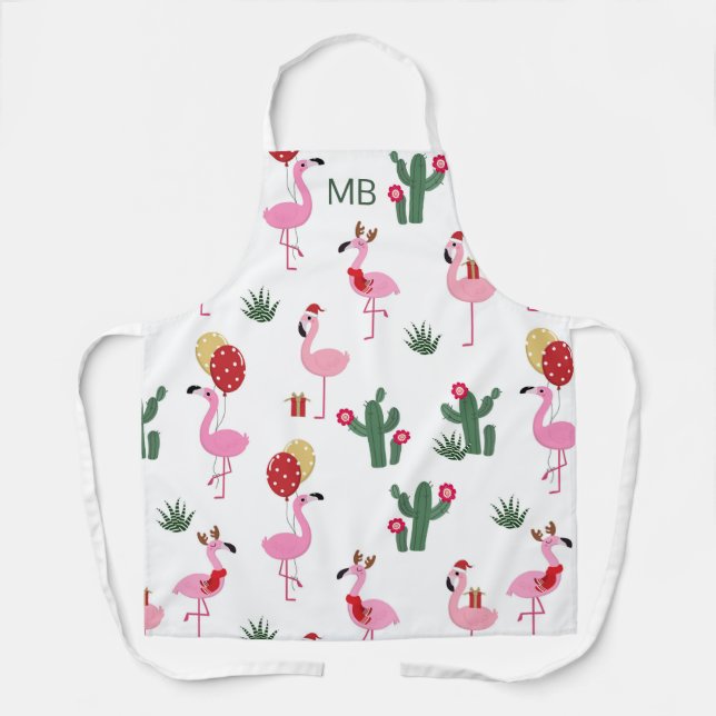 Modern Monogram Christmas Flamingo Party Apron (Front)