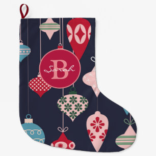 Modern Monogram Christmas Ornaments Dark Blue Large Christmas Stocking